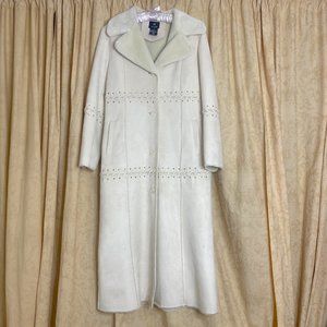 White Fur Trench Coat, vintage! Faux fur, Faux suede